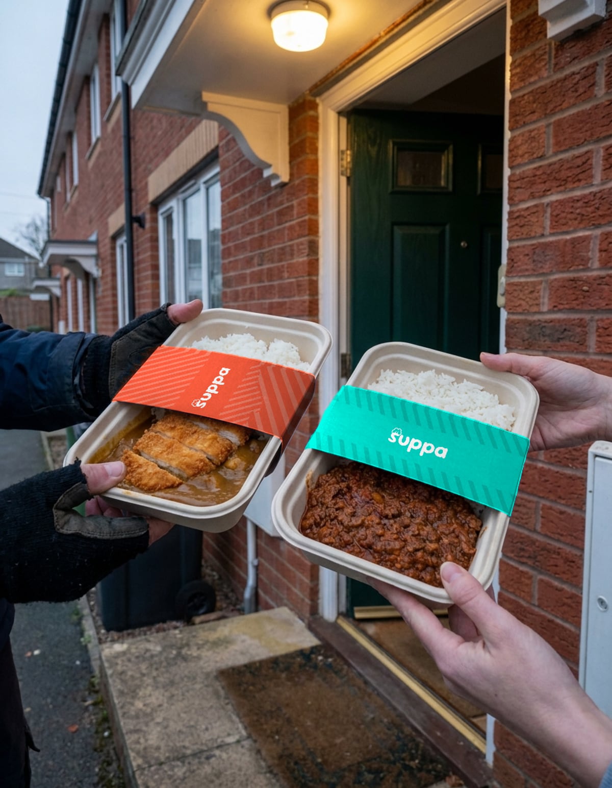 Two sleeved Suppa trays being handed over at a front door in the evening