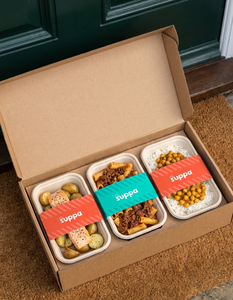 A Suppa package on a doorstep at dusk