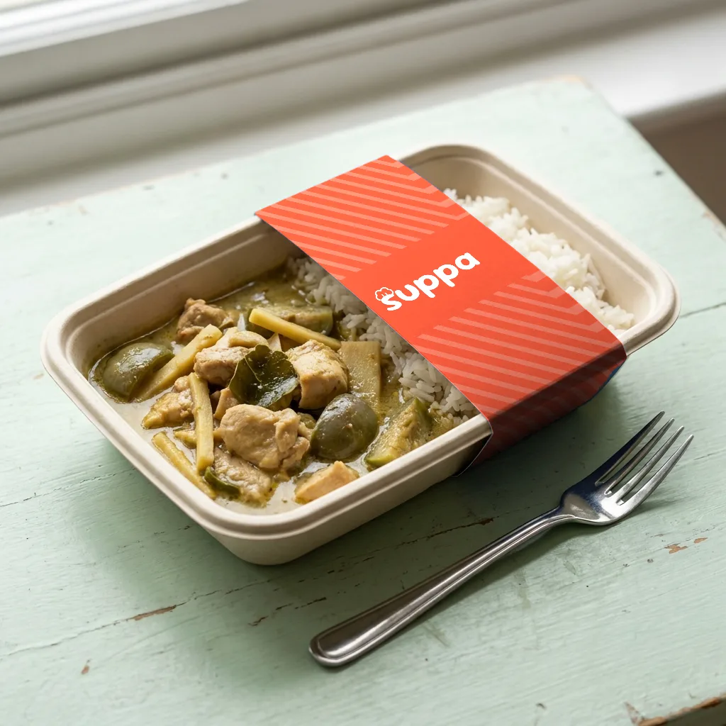 A Suppa tray of Thai green chicken curry and jasmine rice, its orange striped sleeve slid back