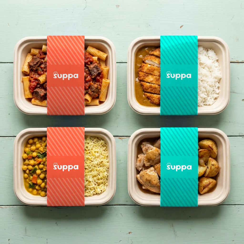 Four Suppa trays in orange and teal striped sleeves, ready to go out