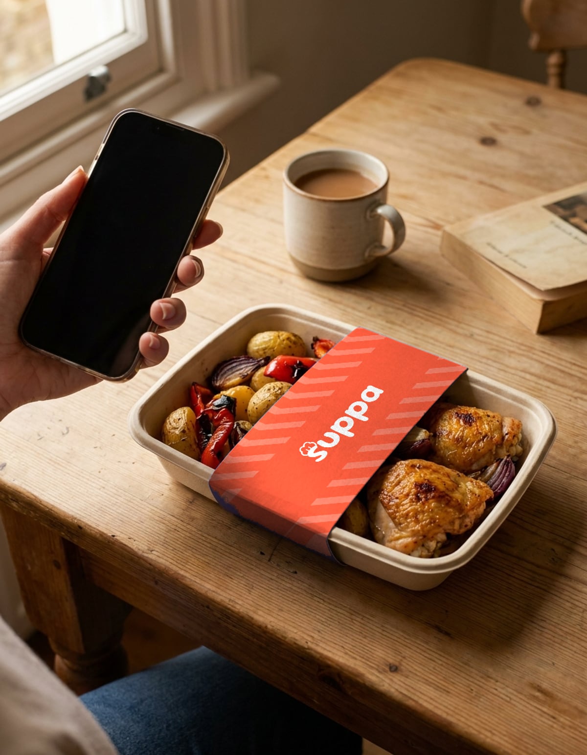 A hand holding a phone beside a sleeved Suppa tray of roast chicken